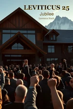 This image shows a book cover titled LEVITICUS 25 with Jubilee as the subtitle and Lawrence Nault as the author. The background features a large wooden lodge or cabin-style house with mountain peaks visible in the distance. In the foreground, a crowd of people with raised fists and arms are gathered facing the building, appearing to be in protest or solidarity. The scene has dramatic lighting with the crowd partially in shadow while the building is illuminated. The overall composition suggests themes of social justice or community action.