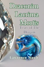 Book cover for Draconim Lacrima Mortis with subtitle Tears of The Dragon by Lawrence Nault. The cover features a large clear crystal or gemstone on the left side and a blue dragon design in a circular formation on the right. The title is displayed in green text at the top with the subtitle in gray below it. The authors name appears in green at the bottom of the cover against a light gray background.