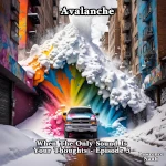 A dramatic digital painting of an avalanche cascading down a narrow urban alleyway The snow is mixed with vibrant splashes of rainbow colors bursting from the walls of the buildings A large pickup truck is driving directly into the avalanche headlights on as if confronting the chaos above The surrounding buildings have graffiti and murals adding to the urban atmosphere The text Avalanche is displayed at the top while When The Only Sound Is Your Thoughts Episode 5 and Lawrence Nault are at the bottom