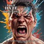 Hyper-realistic digital painting of a man screaming with his mouth wide open revealing clenched teeth His face is streaked with red and blue paint splatters which extend into the background alongside bursts of yellow and orange energy His expression is intense with furrowed brows and piercing eyes The text What If HATE Doesn't Exist appears at the top while When The Only Sound Is Your Thoughts Episode 3 and Lawrence Nault are displayed at the bottom in an elegant serif font